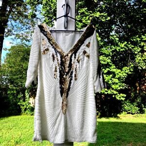 Monsoon Originals - White Sequin Sheer Lined Shift Dress V-Neck 3/4 Sleeve - 10